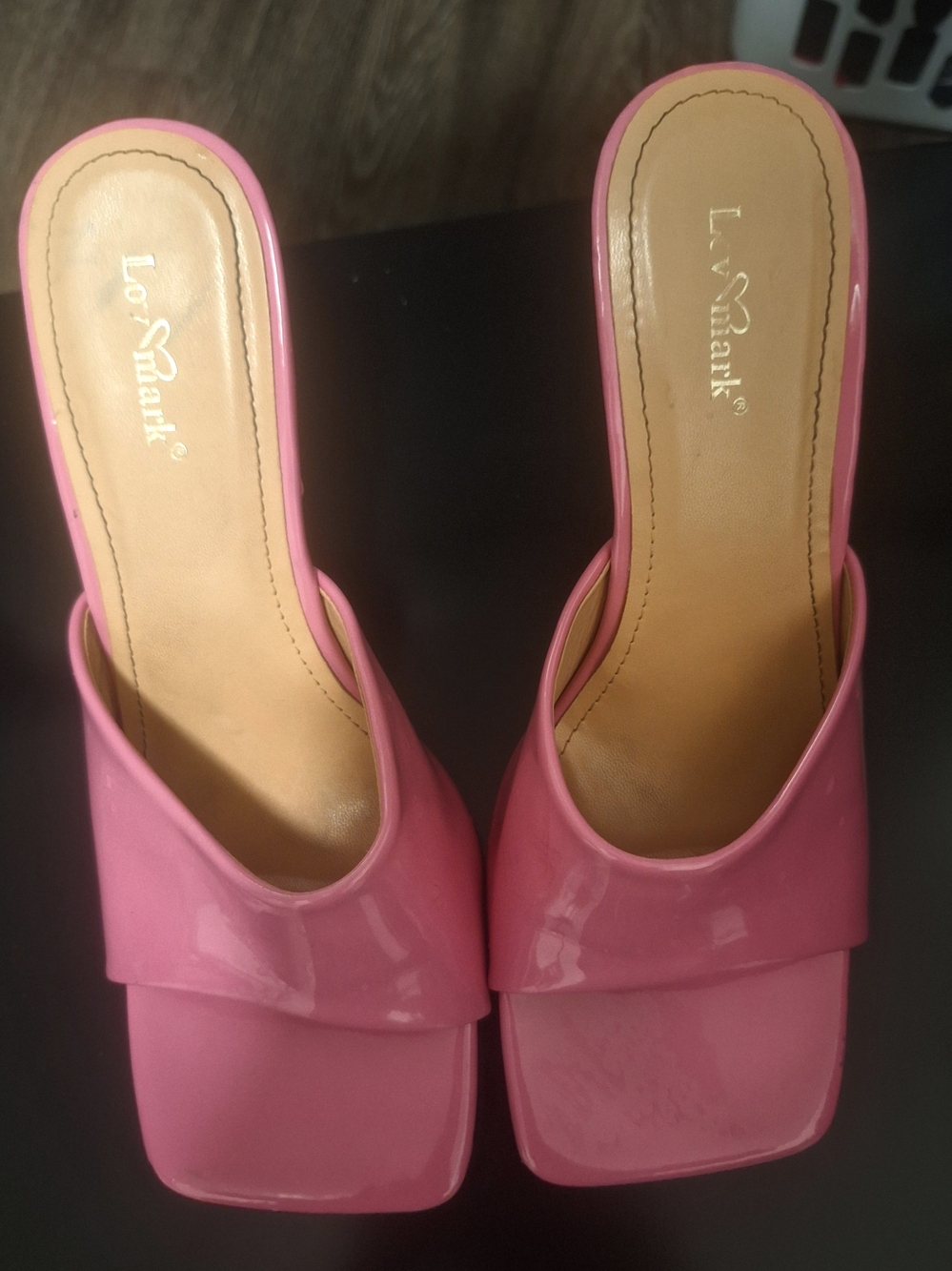 Pink Patent Square-Toe Slide Heels